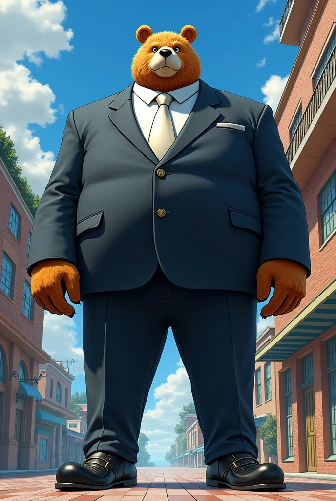 Um personagem de One Piece, that has bear ears, He is 2 meters and 30 centimeters tall and wears a suit with a white tie and black slippers.
