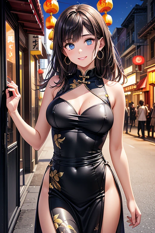 #Basics A girl is posing for a photo, (((One Girl))), (((Baby Face:1.4)) + ((cute:1.4)) + (())),
break
#Clothing Accessories
((black(long)China dress:1.5) : (Shiny) + (Gold floral embroidery) + ((long丈のスカート部分にサイドスリットが入っている)) + (High neck sleeveless) + (A gold belt that fits snugly around the waist) + (Elbow hand pockets)), (blackのニーハイストッキング), (Shinyblackハイヒール),
(Gold hoop earrings),
break
#Features
((black髪:1.2)) + ((Straight Bangs:1.4)) + ((longヘア) : Very long hair + Straight hair + Hair blowing in the wind),
((Droopy eyes:1.4, Big eyes:1.3), blue eyes), (Small breasts), (Neutral facial features),
break
#background environment
((noon, Chinatown, Standing in an outdoor restaurant)),
#Facial Expression Pose
((smile + Laughing with your mouth open)), ((fold your arms under your chest、Standing confidently)),
#composition
((To the camera), (Angle from the front), (Character Focus), (Cowboy Shot)),
break
#Body parts elements
(Slim figure),
(Symmetrical facial features),
(Detailed Hair, Beautiful Hair, Shiny Hair),
(double eyelid, Long eyelashes, Thin eyebrows:0.5, Thin eyebrows:0.5),
(Expression of fine eyes, Beautiful and delicate eyes, Sparkling eyes, Eye Reflexes, Glitter Eyeliner),
(Human Ear),
(Beautiful Nose, Thin Nose),
(Shiny唇, Beautiful Lips, Thick lips),
(Detailed skin, Textured skin, Beautiful Skin, Oily skin),
break
#quality
(((最高quality)), ((masterpiece:1.3)), ((Very detailed))), ((Ultra-high resolution)), ((16K)), ((1080P)), ((Full HD)),
((Anatomically correct)), ((Realistic)), (3DCG), ((Oil painting)),
((comics, anime)), (CG illustration), (RAW Photos),