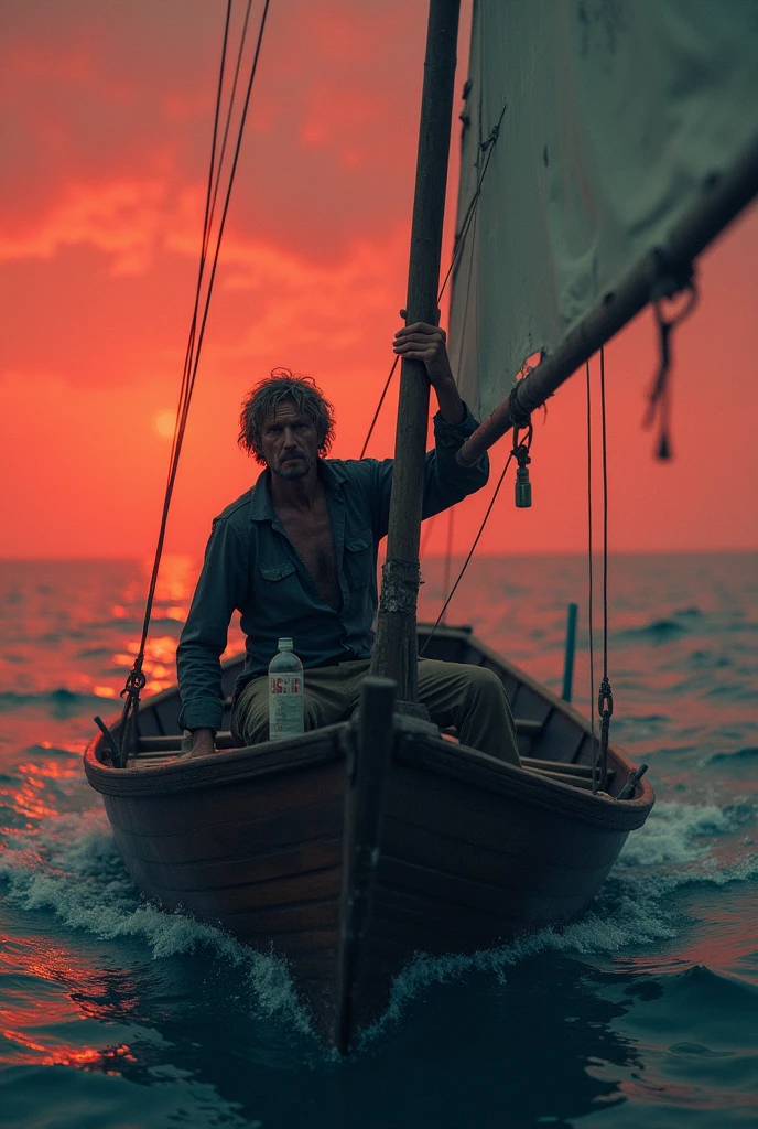 Man adrift in a boat, with a bottle in his left hand, holding on to the sail mast, with the reddish sky