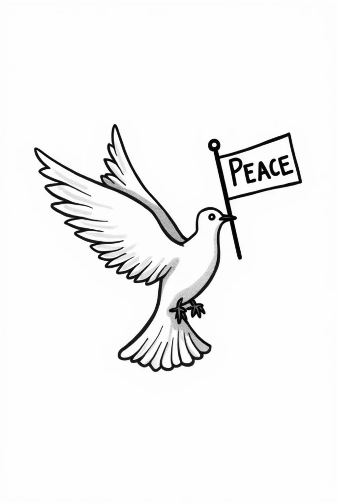 drawing of a white dove with a flag in its beak that says peace
(black outline)