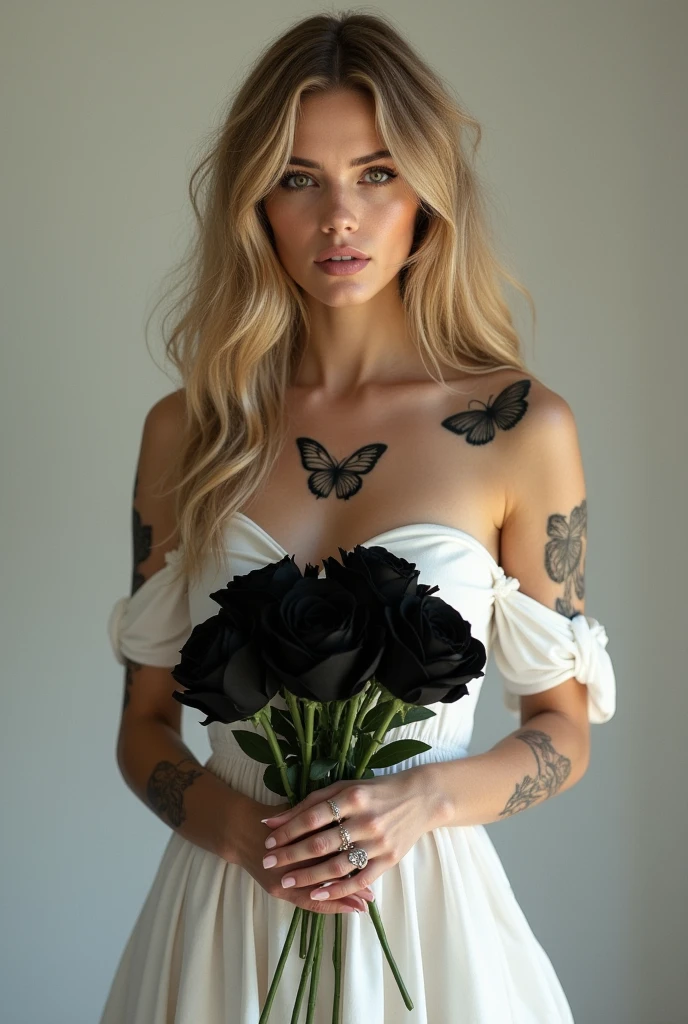 Woman, beautiful tall with the features of the actress Ana de Armas, with several tattoos on his body , a butterfly tattoo on the chest ,hair blonde , wearing awhite dress, in his hand a bouquet of black roses