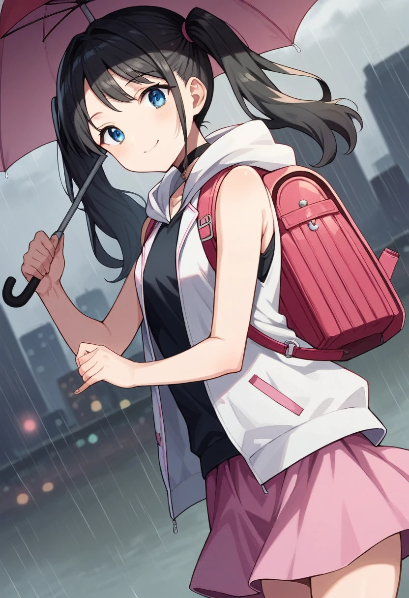 score_9, score_8_up, score_7_up, source_anime, hinaamano, hina amano, black hair, twintails, blue eyes, smile, skirt, jacket, sleeveless, choker, hood, bag, hoodie, white jacket, backpack, hood down, hooded jacket, pink skirt, sleeveless jacket, sleeveless hoodie, outdoors, cityscape, raining, umbrella, holding umbrella, looking at viewer, dutch angle, cowboy shot,dynamic pose
