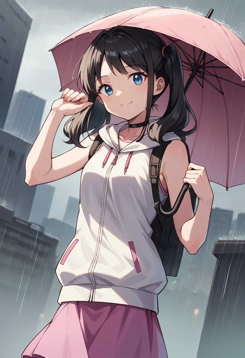 score_9, score_8_up, score_7_up, source_anime, hinaamano, hina amano, black hair, twintails, blue eyes, smile, skirt, jacket, sleeveless, choker, hood, bag, hoodie, white jacket, backpack, hood down, hooded jacket, pink skirt, sleeveless jacket, sleeveless hoodie, outdoors, cityscape, raining, umbrella, holding umbrella, looking at viewer, dutch angle, cowboy shot,dynamic pose