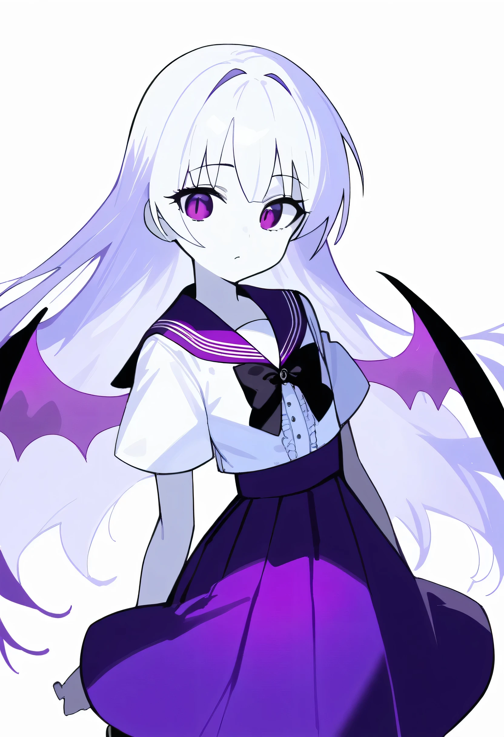 (best quality,ultrares,masterpiece:1.2) (Close-up) bust portrait of ung vampire girl, solo, mysterious expression, (Long white hair with assymetrical bangs), (mysterious light-purple eyes), (she is wearing a standard purple-themed sailor uniform, with black bow, white blouse, purple skirt, white kneesocks and black loafers), (White simple background), (dark purple vampire wings), (pale skin)
