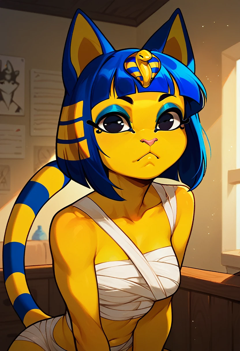 score_9, score_8_up, score_7_up, solo, 1girl, wearing bandages, cute, ankha, yellow skin, anthro cat, indoors, black eyes, blue eyeshadow, bedroom, dynamic angle, looking at viewer, black eyes, by fizintine, 