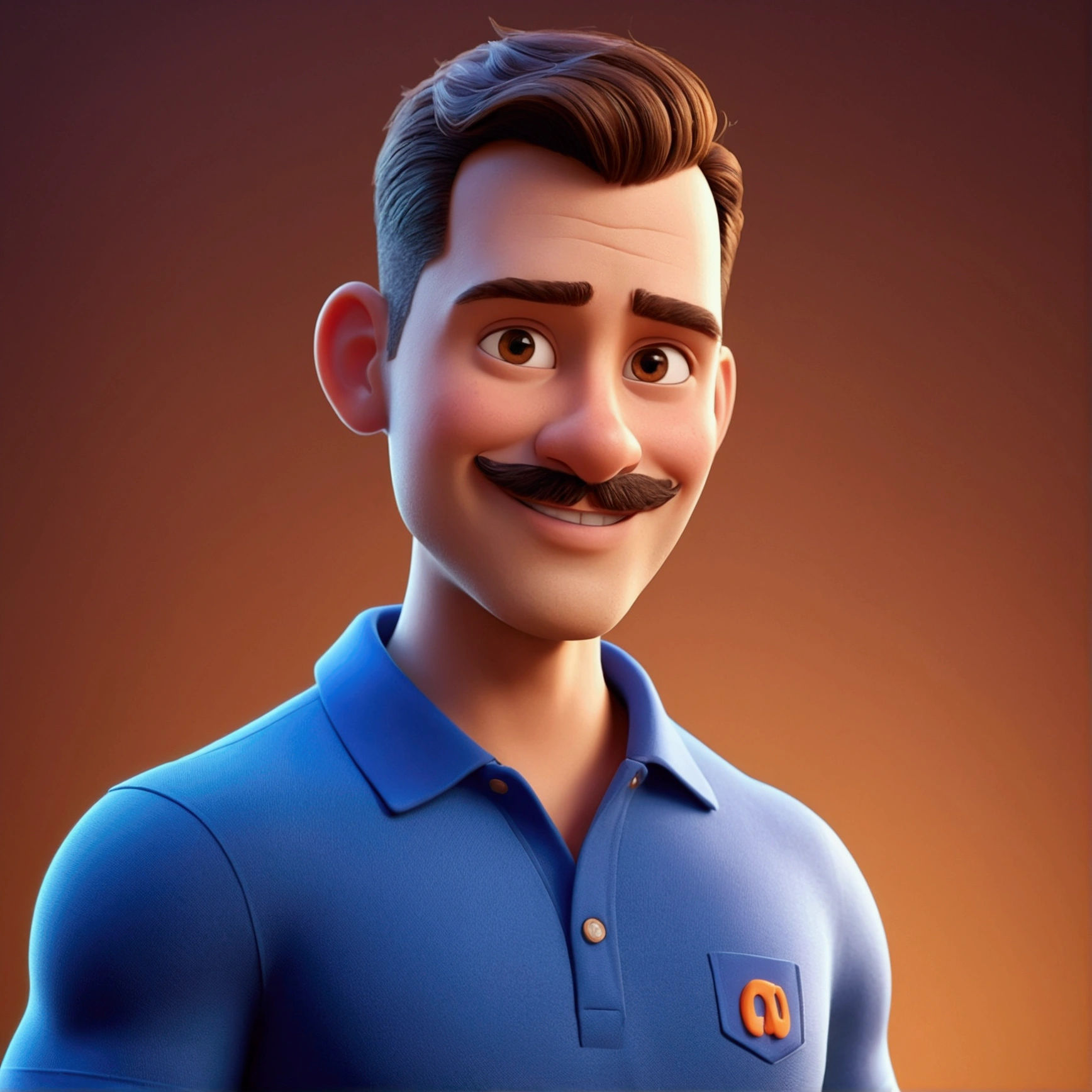 Cartoon character of a man with brown eyes, shaved hair style military cut, age 30 years old, with mustache and beard on the chin part, blue polo shirt, smile. an animated character, Stylized character, animation style rendering, stylized 3D, Arnold Maya Render, Stylized 3D Render, toon render screenshot, 3D Character, 3D Character, Stylized 3D Render, 3D Character Render, cartoon character, Close up Character, Character Pose, (Pixar Style) (master part:1.2) (Bokeh) (best quality) (detailed skin) (detailed texture) (8K) (clay) (cinematic lighting) (sharp focus,Sits and leaks the upper body