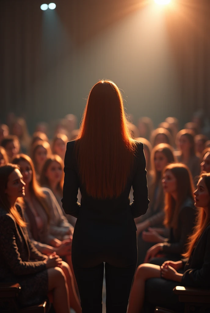Develop an image for a lecture for women in vulnerable situations on women's rights. Feminist lawyer. Women around a stage. Humanized 4k.
Speaker long straight dark reddish brown hair. clear scenery, auditorium. realisitic.