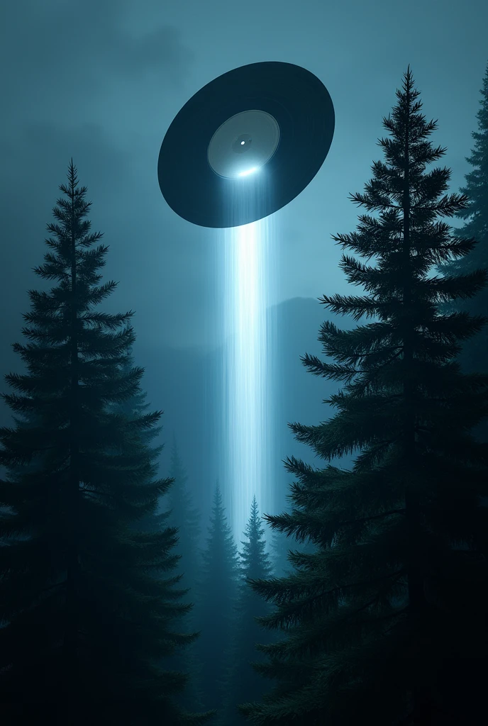 A night with pine trees close to the screen, a vinyl record flying sideways over the pine trees and a white light coming down from it