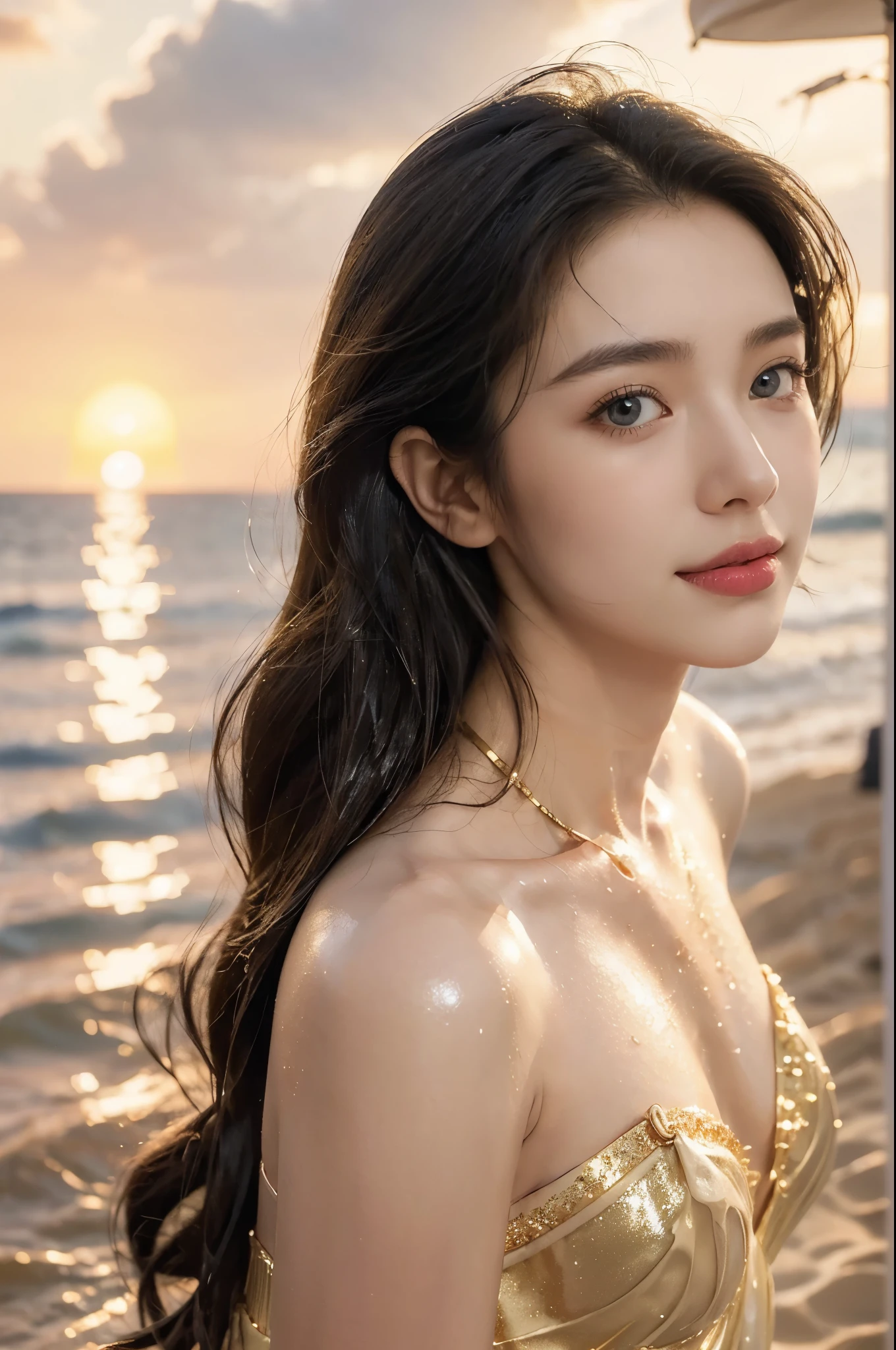 (((best quality))), (((ultra detailed))), (((masterpiece))), illustration,((1 beautiful young girl,solo)),(shoulder-length straight bob:0.8),((sweat,wet)),(shiny skin:1.5),((slim,thin)),((small breasts,flat chest)),(golden sandy beach:1.3),(by the sea:1.3),(sunset sunlight:1.3),stunning, (strapless golden sparkling bra:1.3), (fair smooth skin:1.3), (detailed eyes:1.2),(smile:1.3),delicate fabric,ethereal, adorn, azure waves,shore,foam, stillness, (evening:1.3),(from front:1.3),(close-up of face:1.3)