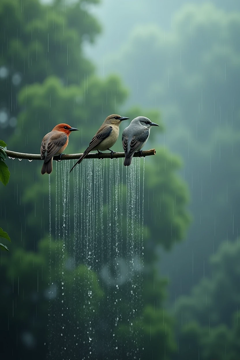 Birds with rain showers and