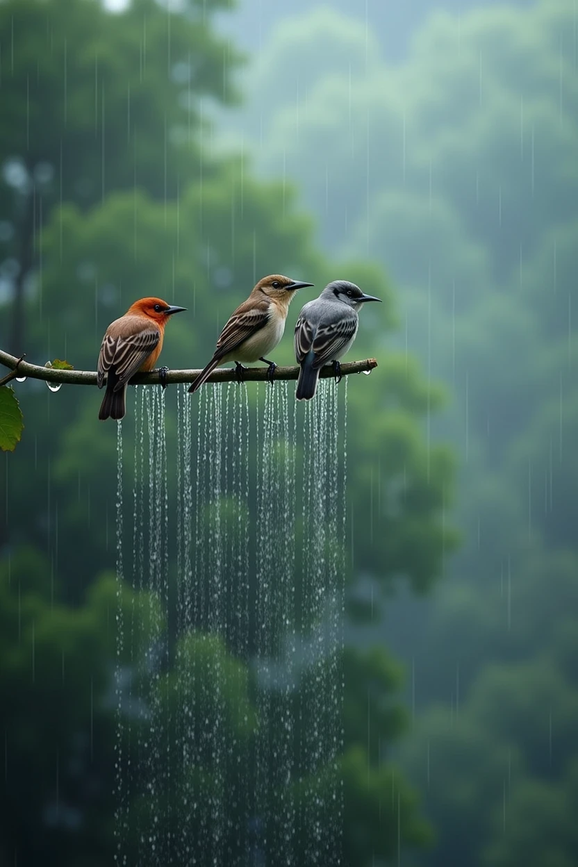 Birds with rain showers and