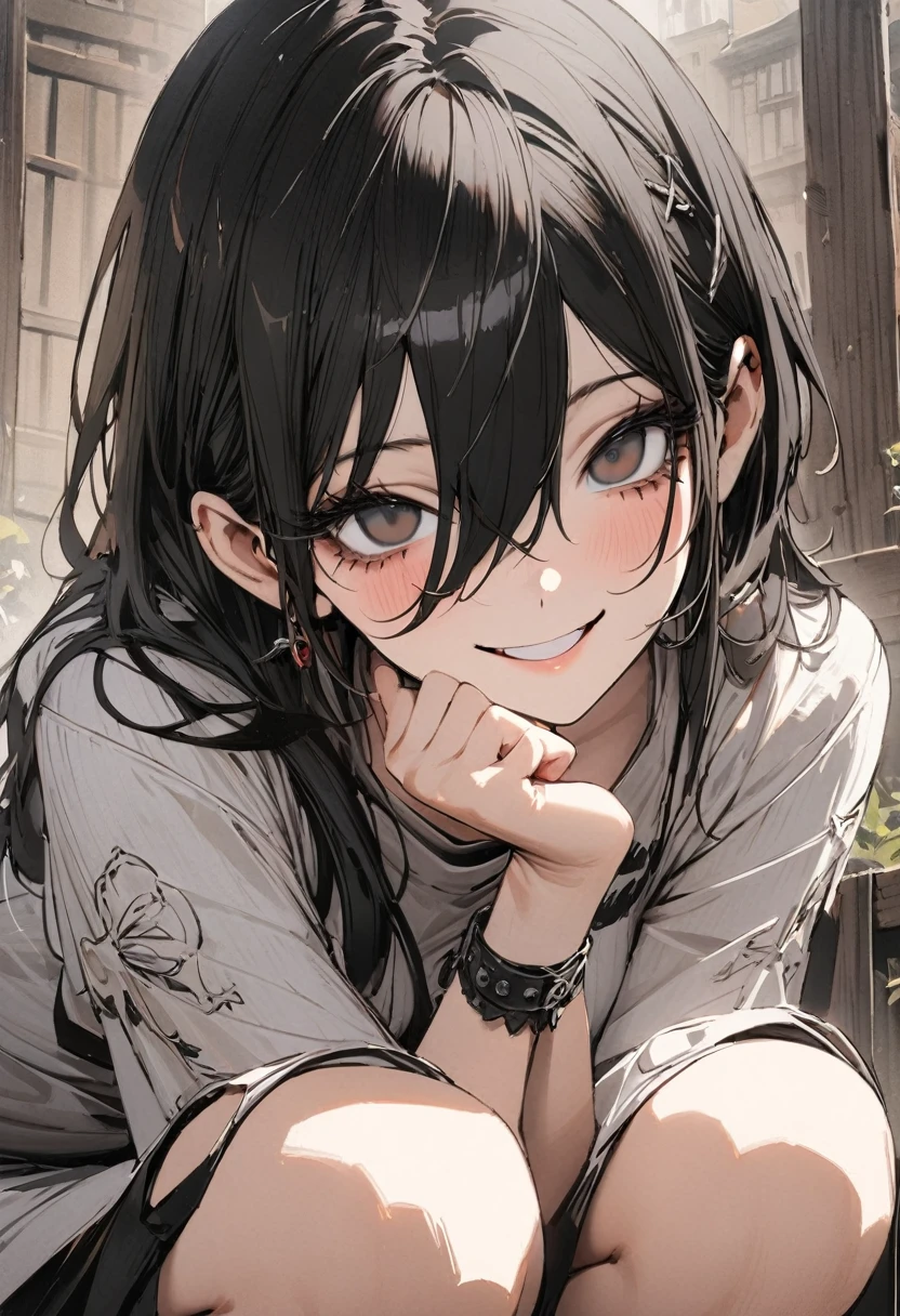1 woman, striped hair, long black hair, hair between eyes, moles under the eyes, blank eyes, smile, (squatting) high detail, conceptual art, japanese cartoon movies, gothic art, masterpiece, super detail, high details, high quality, best quality