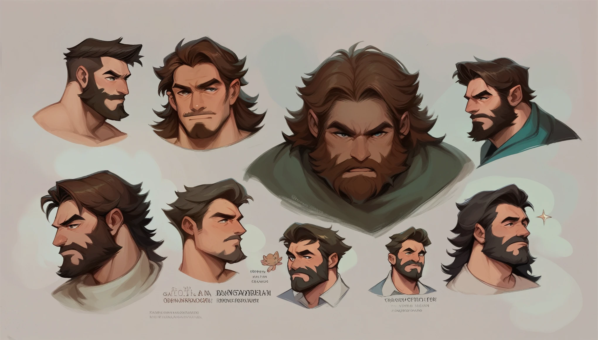 Concept art, man, brown hair, beard, facial expressions