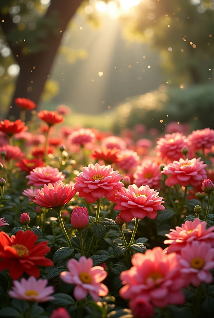 flower garden, luxurious, bright, sparkling