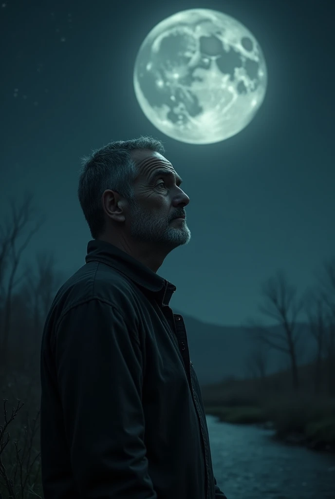 Generate a picture with a man looking at moon in sadness