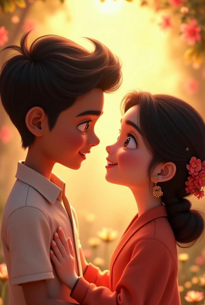 Aminated indian boy and a korean girl looking at each other in loving manner