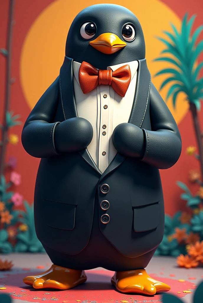 Tux suit adjusting tie. Tux is the penguin of Linux. colorfully