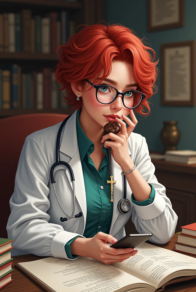 A red-haired doctor, with short curly hair,  who wears glasses, eating vegan chocolate while studying and reading a lot about scorpions with a rosary and a cell phone in hand