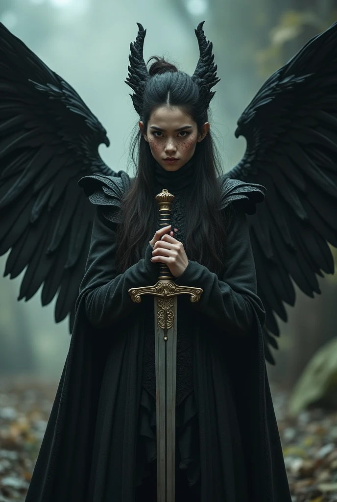 Take my picture and create a hero or a villain that everyone will love and hate with black wings with my freckles and striking features holding a sword