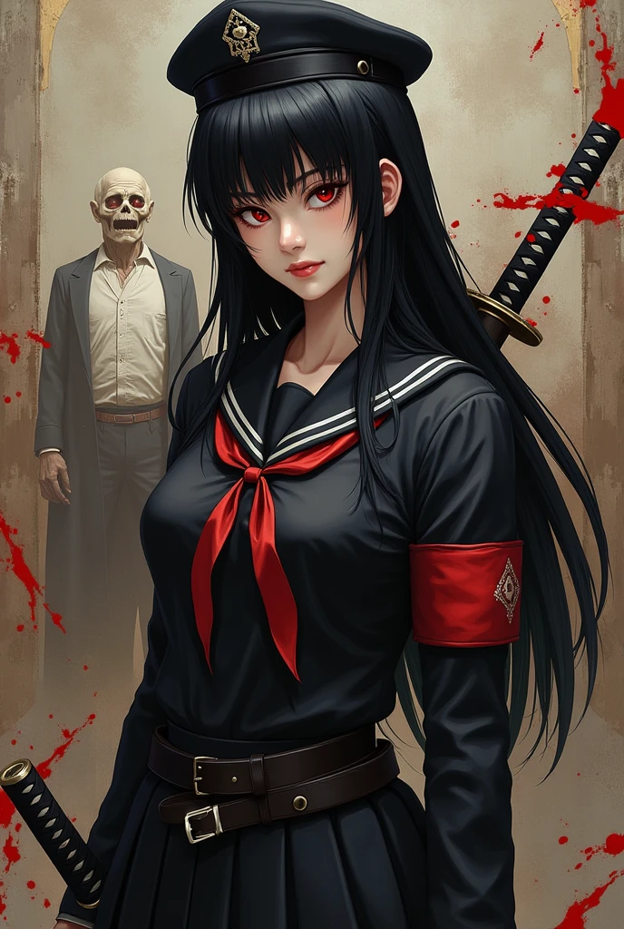 (photorealism:1.2), woman,Himecut,Straight-Black-hair,Long-hair,black-Japanese-sailor-school-uniform,Red-eyes,black-hat,Sharp-eyes, Striaght,carries a katana strapped to her hip,High school,tall,beautiful,realistic,elegant,badass, adult,A background of a corpse that has been slashed.,a red armband on the right arm.