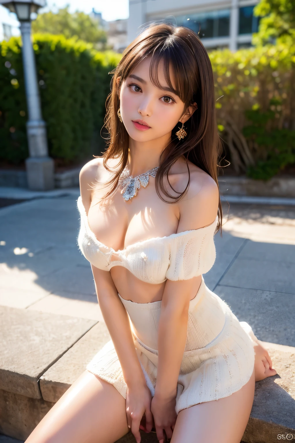((Realistic Sunlight, 8k, Top Quality, Masterpiece: 1.3)), Best Quality, Illustration, Ultra-detailed, finely detail, high resolution, 8K Wallpaper, Perfect dynamic composition, ((off-the-shoulder white knitted dress:1.2)), ((mini skirt:1.2)), Big breasts:1.5, Natural Color Lip, (In city),20 years girl, ((Shiny skin:1.3)), (beautiful detailed face and eyes:1.4),(dark brown hair, medium long hair:1.2), Highly detailed face and skin texture, Highly detailed lip texture, Raw Photo, ((Very Delicate and Cute Japanese Girl:1.4)), (1 girl), Perfect Style, earrings, necklace, realistic shadows, ((Show off your panties in a  pose:1.5)),((Finely designed, luxurious adulll thong:1.2))