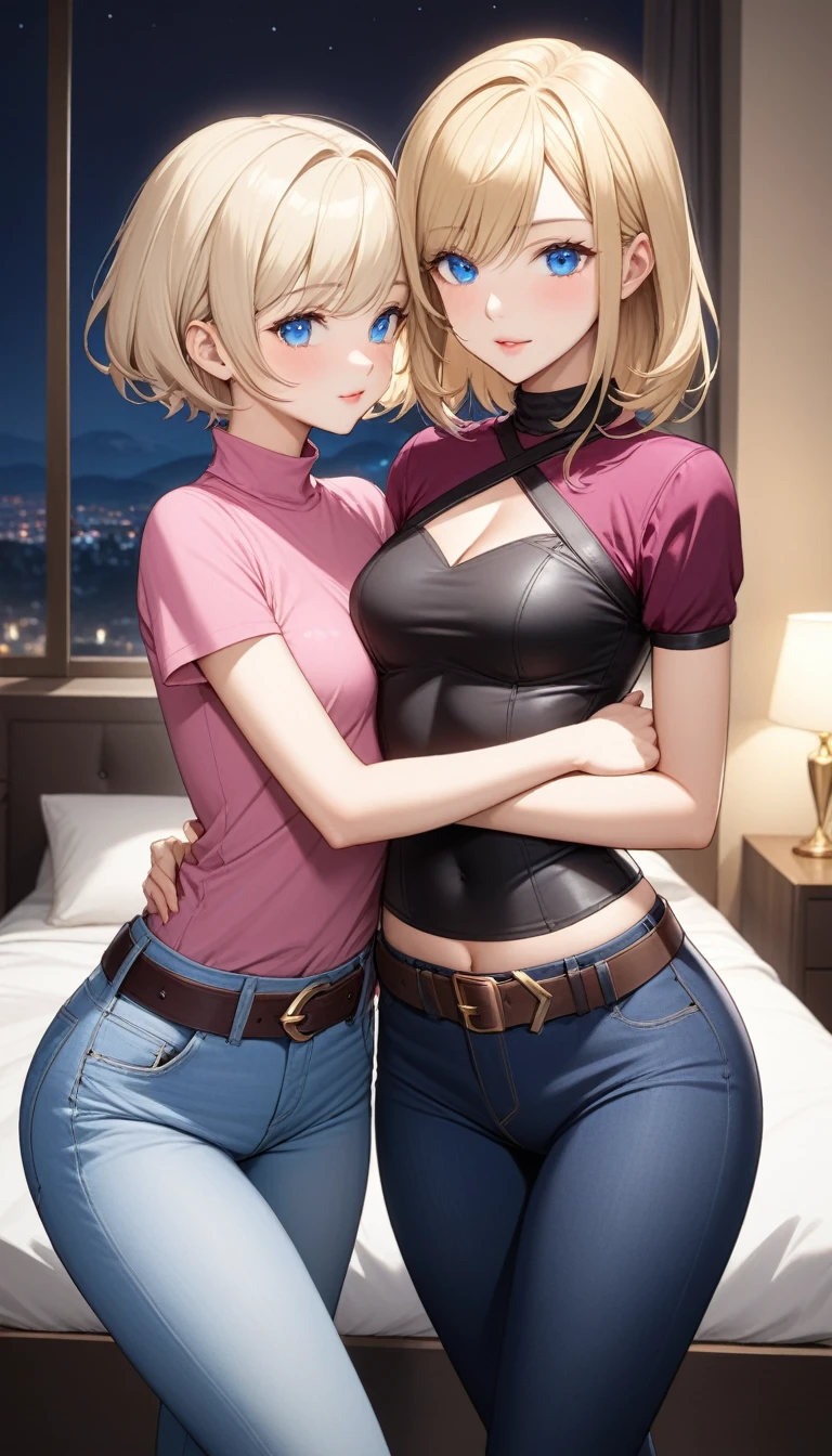 Two beautiful ladies ((lady 1: 35y old mom, with short straight blonde hair, lady 1 with blue eyes and caucasian skin, lady 1 wearing Tight Jeans and Leather Belt, lady 1 Sexy Criss Cross Mock Neck Short Sleeves Bright Pink Blouse)), ((lady 2: 13y old daughter, with short straight blonde hair, lady 2 with blue eyes and caucasian skin, lady 2 wearing Tight Jean Shorts and Leather Belt, lady 2 Sexy Criss Cross Mock Neck Short Sleeves Burgundy Blouse)), luxurious jewelry, 18k gold wedding ring on left hand, standing in their bedroom at night, hugging and kissing each other, (light brown lipstick), (elegant mascara), (slim body), (small breasts), (wide hips), endjourney, <lora:GoodHands-, <lora:GoodLegs-, UHD, high resolution, (expressive eyes, perfect face, full body, expressive face, perfect body, perfect pussy, athletic, fit, slim body, blushing, Perfect makeup, eyeliner, beautiful eyelashes, smiling, horny face), ((best illumination, best shadows)), ((sexy pose)), ((Front pov:1.1))