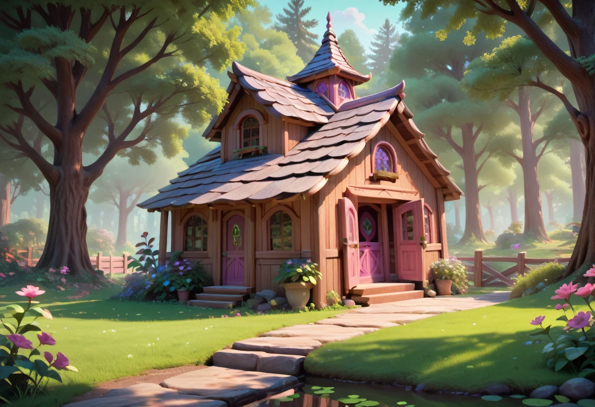 a beautiful elf mansion, wooden mansion, wooden walls, fancy elf house, large trees, mystical village, masterpiece quality, ultra HD, 4K, best quality