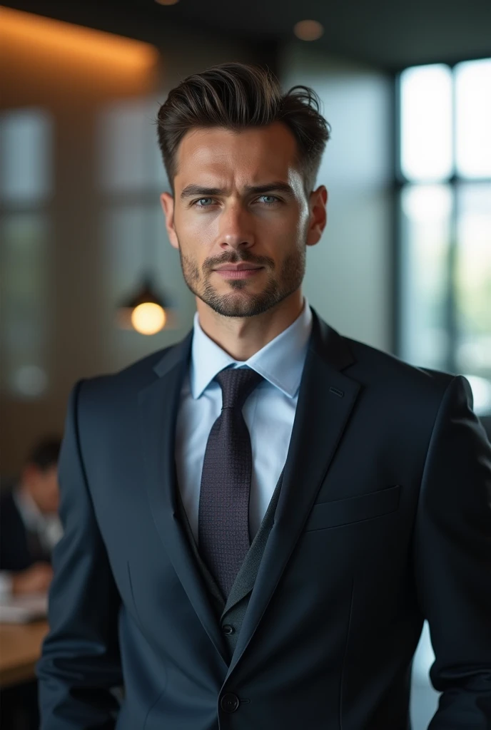 high qualiy, 8k Ultra HD, man in suit with handsome detailed face, background of an office