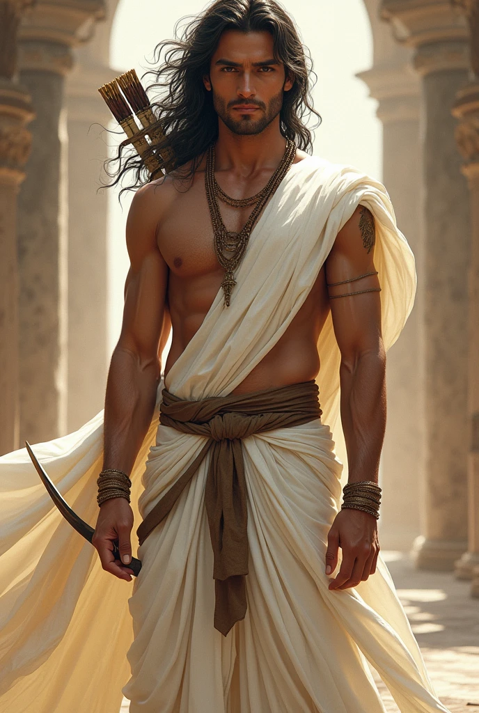 Arjuna,mahabharata, well proportioned and tall, with strong & atheletic build physique.reflects his prowess as a warrior, skilled at archery,capable of great feats of strength & agility.his complexion is fair compared to radiance of moon.handsome, sharp, royal lineage, large expressive dark eyes with full of determination,white traditional indian dress,clean shaved, unkept flowing hair