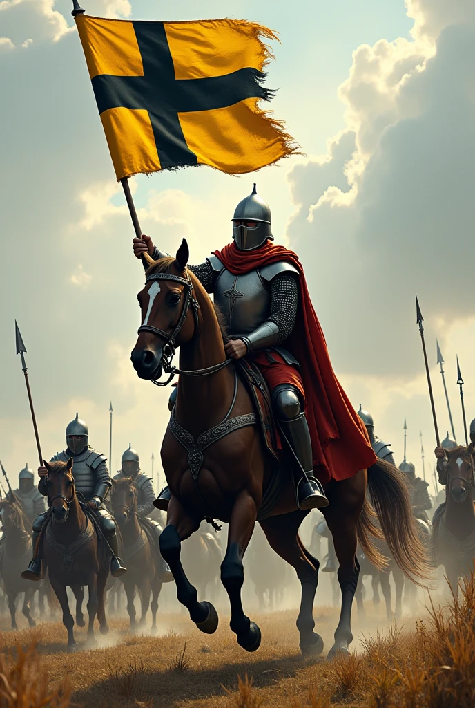 A medieval rider riding his horse. The horse stands on two legs, while the warrior carries the flag of his country in the shape of a cross, in the style of the Swedish flag, but the flag has a yellow background and a black cross. Other warriors appear around the rider., spears, swords, etc.