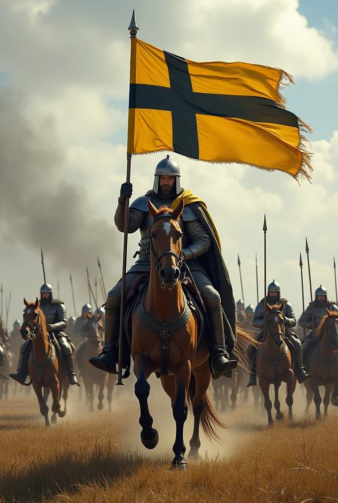 A medieval rider riding his horse. The horse stands on two legs, while the warrior carries the flag of his country in the shape of a cross, in the style of the Swedish flag, but the flag has a yellow background and a black cross. Other warriors appear around the rider., spears, swords, etc.