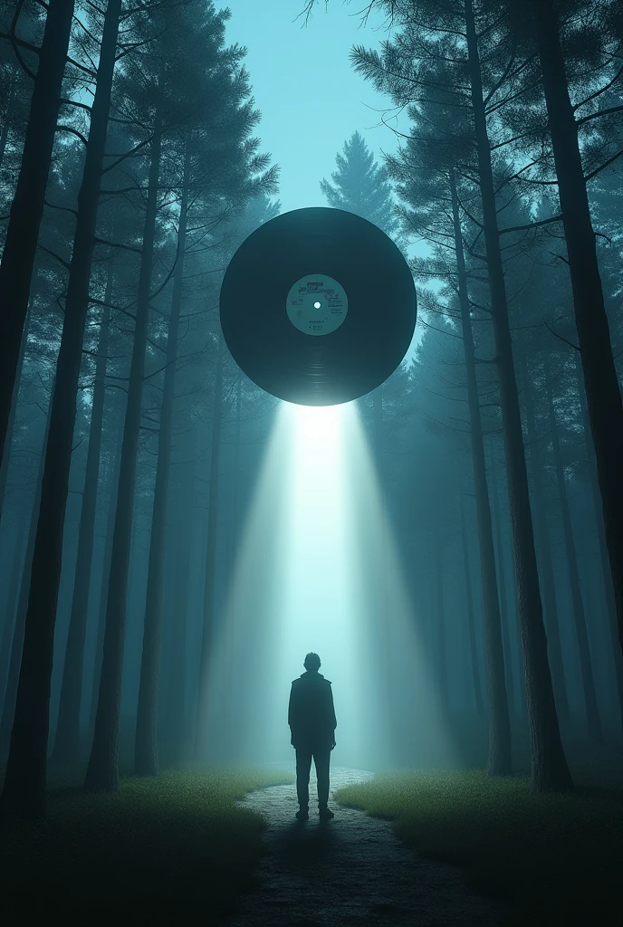 A night with pine trees close to the screen, a vinyl record flying sideways over the pine trees and a white light descending from it above a person
