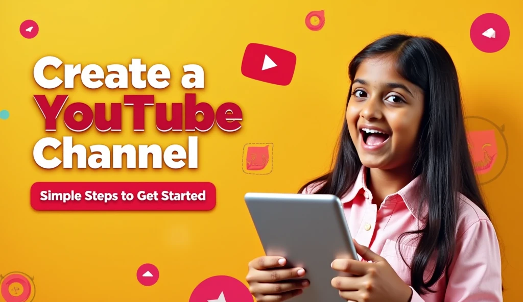 
"Create a YouTube Channel: Simple Steps to Get Started!"

Design a vibrant thumbnail featuring:
image ratio : 1280 × 720 pixels
Background: Bright, engaging colors with a subtle YouTube logo.
Main Image: A Indian girl looking excited and holding a tablet or laptop.
Title Text: “Create a YouTube Channel in 2024” in bold, eye-catching font.
Additional Elements: Icons or symbols related to video creation or social media.