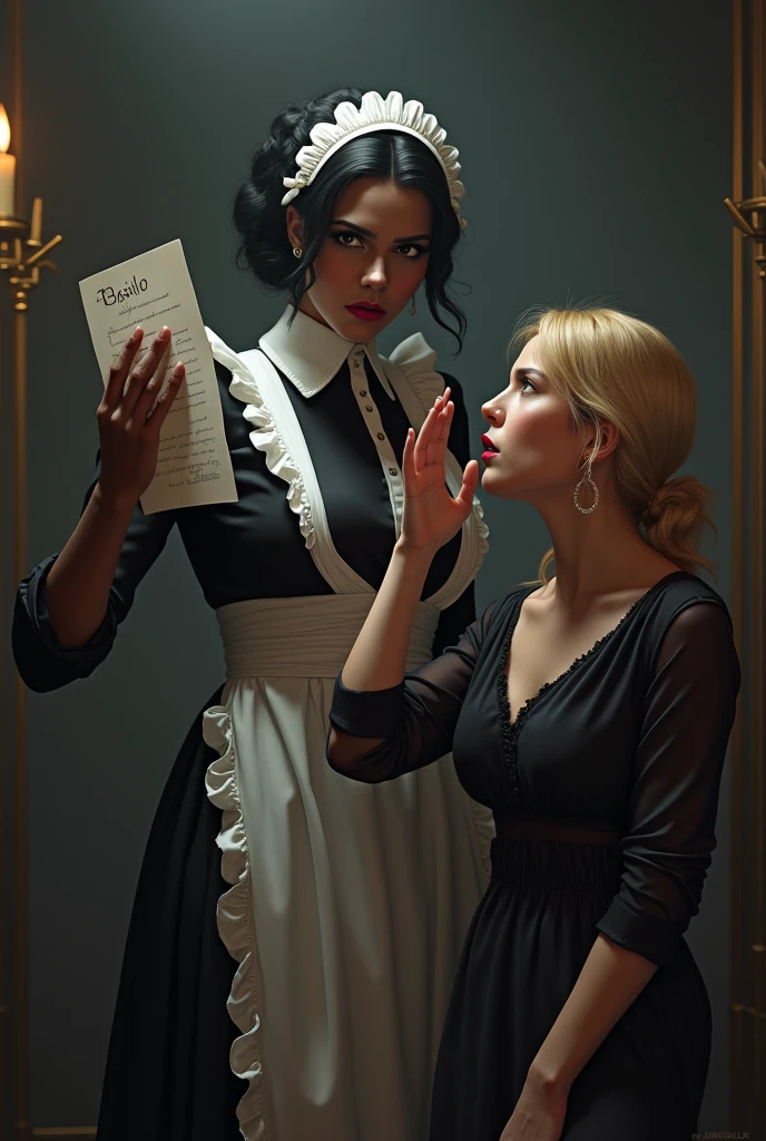 black female, in maid's clothes and a menacing look, holds Basilio's letters as a blonde woman, surprise, put your hands to your face, scared.