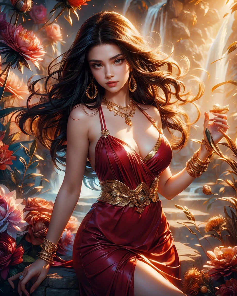 Beautiful brunette woman, 25 years old, stunning body, expressive and clear face, crystal clear eyes, full mouth, long dark curly hair, cheerful, short red dress with golden details with straps, large breasts, gold jewelry earrings and necklace, nature background white roses, waterfall, light in the background, light hitting the hair from behind, perfect hands, breathtaking image, 8k, HDR.