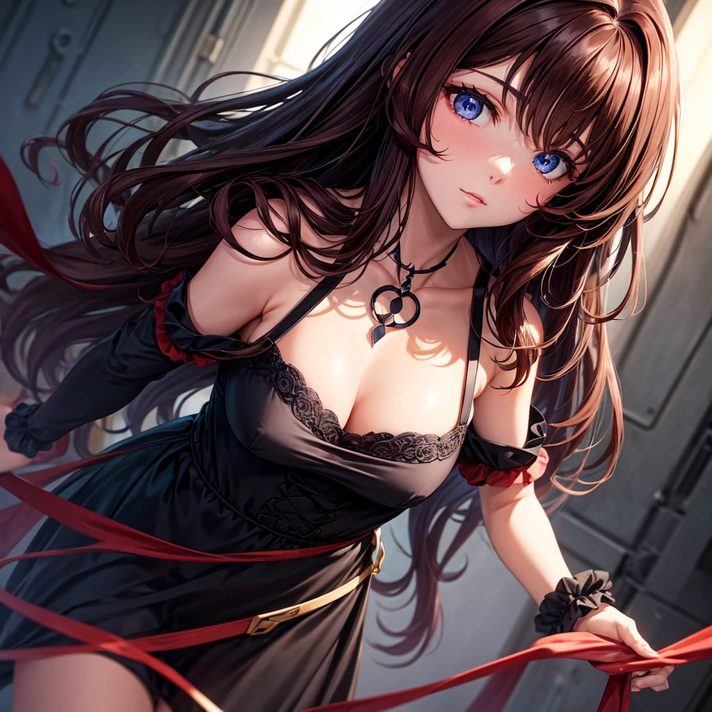 Very dark red brown hair with a few curls dark blue eyes black dress mysterious passionate