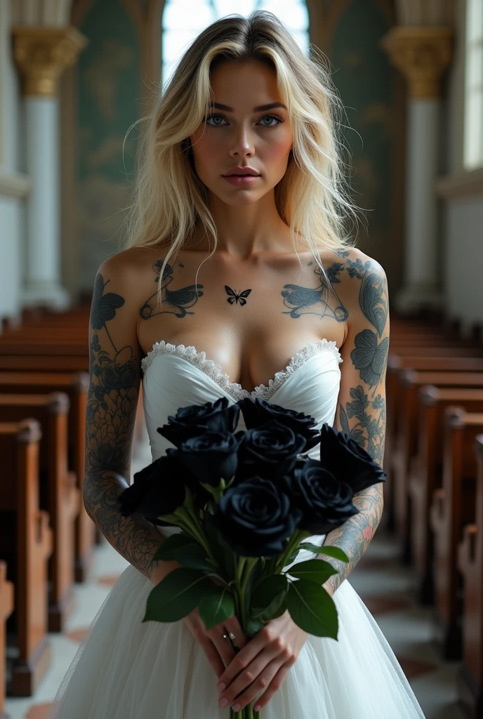 Woman, beautiful tall woman with the features of actress Ana de Armas, with various tattoos on the body , a butterfly tattoo on the chest ,hair blonde , wearing awhite dress, in her hand a bouquet of black roses , the scene is a church on the face heavy makeup and red lipstick