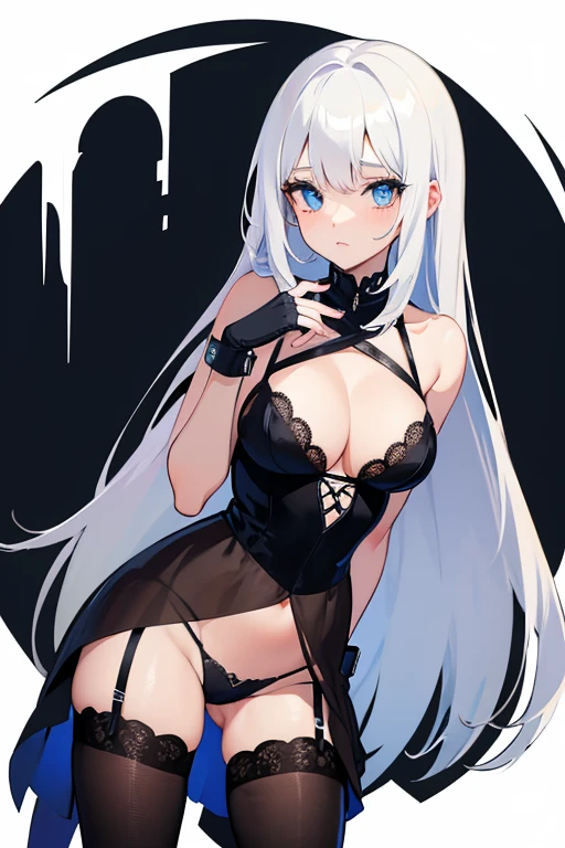 Anime girl in white hair with blue eye wearing black lingerie