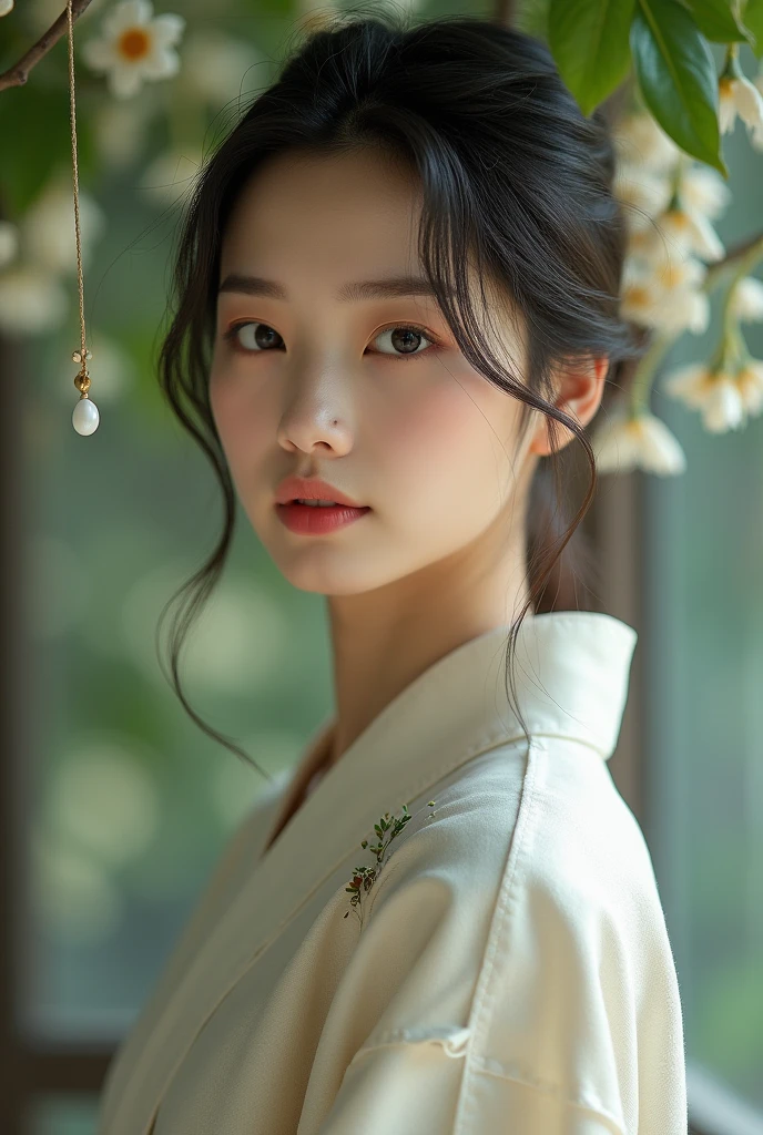 An elegantly dressed Japanese woman in natural light、A close-up of her chest and calm expression.、It shows her inner peace and outer charm.