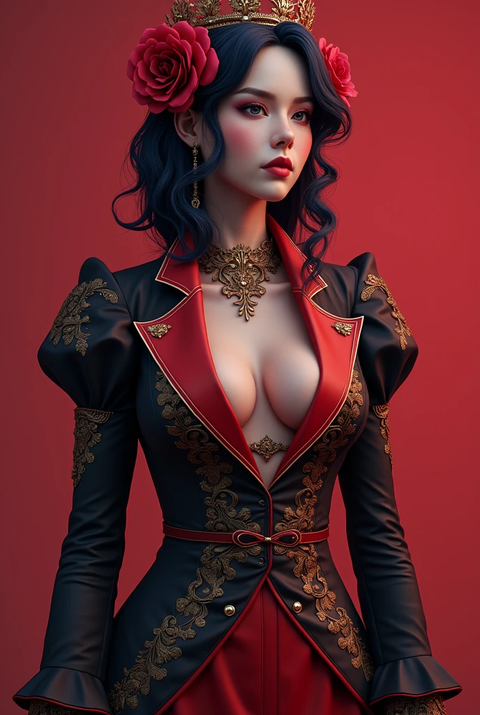 I need girl  beautiful outfit design un vopy righted 4 pics back view front view left side view and righ side view.. Eye blue outfit hot rosey red and pink&black rosey in hair crown modern classical red+diomand colour girl medussa queen suit design art for pubg contract without copy