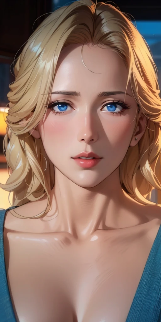 Elegant mature female, milf, blue eyes, blonde hair, soft light, high detailed, 4k resolution, high quality, beautiful cg,