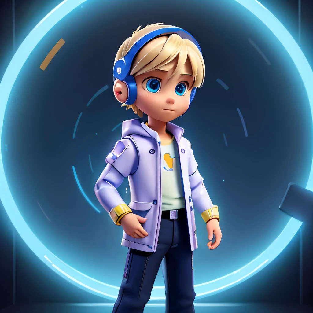 Blonde Boy、Clothing of the future、Wearing a futuristic glowing device、((Has a ratchet))、((whole body:1.1))、((Headgear installation))