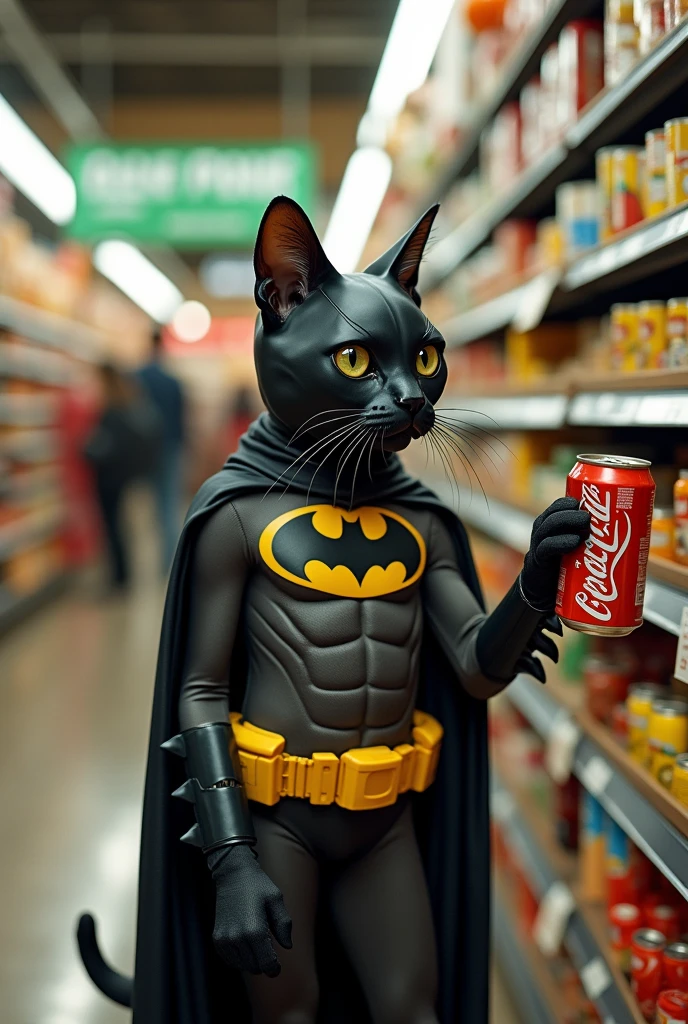 Cat dressed as Batman buying an Italian product in a supermarket