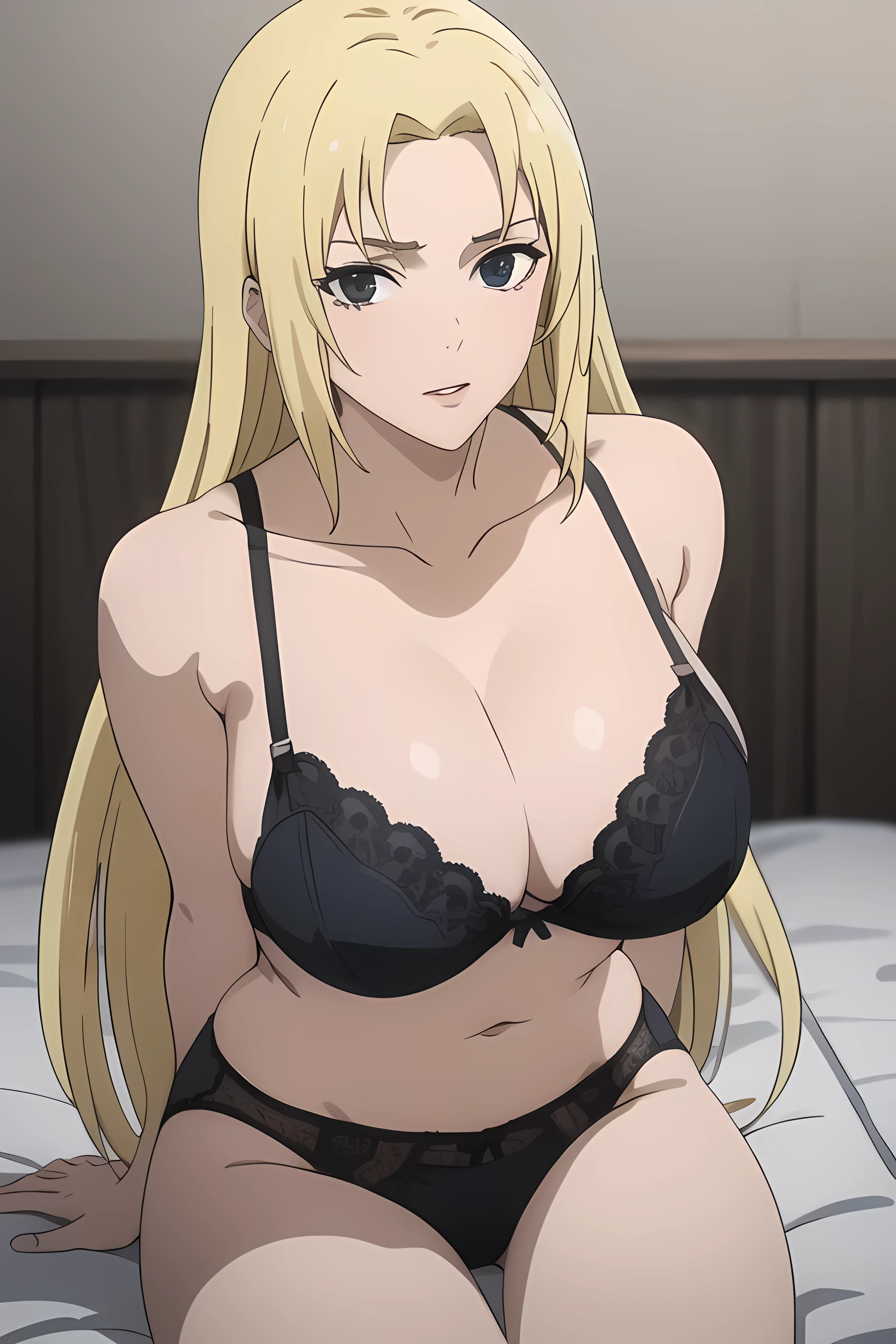 YukiTsukumo, 1girl, AS-Adult, blonde, long hair, female focus, solo, facing viewer, (), perky tits, cleav shinits, black lace bra lace panties, black lingerie, sittiher knees