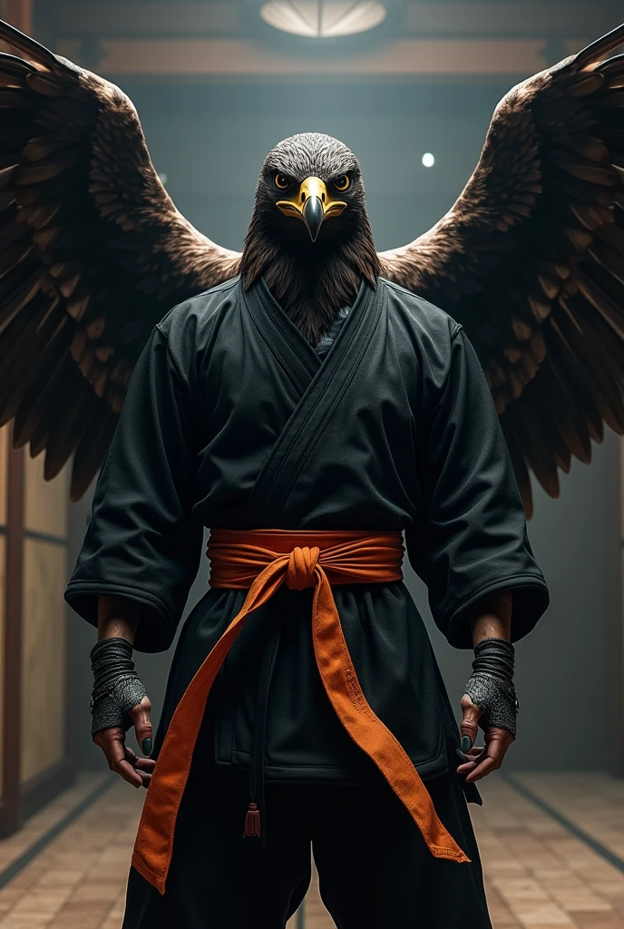 Eagle wears black martial arts clothes and an orange belt