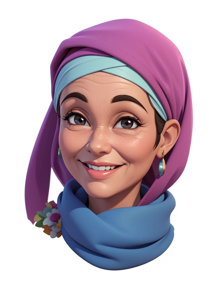 A smiling grandmother, wearing a headscarf, 3D render, 3D Cartoon, big head, cartoonish look, high resolution, super detail, soft lighting