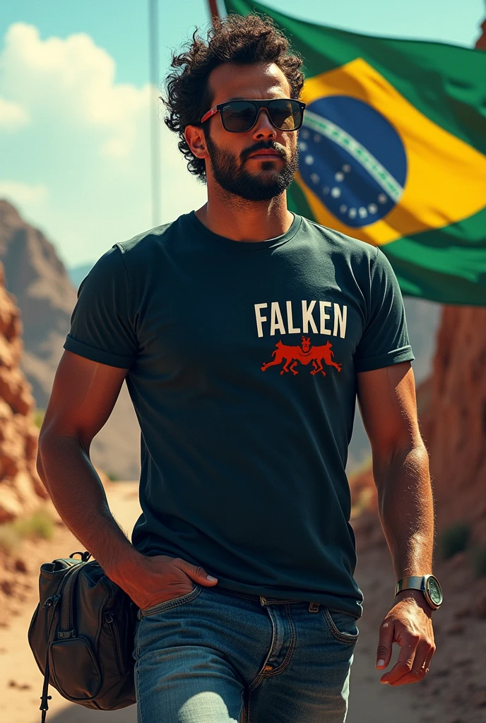 A motorcycle t-shirt, with the name FALKEN written on the left side of the chest.
With the flag of Rio Grande do Sul in the background