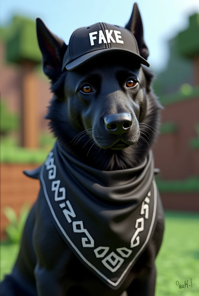Black dog with a black bandana with white in the mouth and a black cap backwards saying Fake and Minecraft background