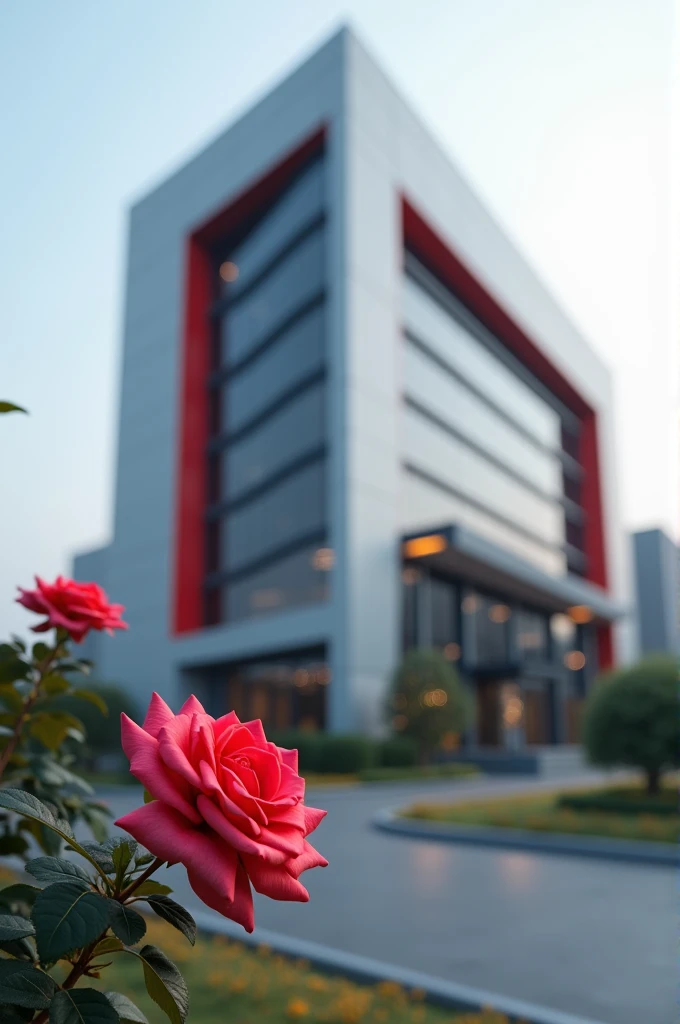 (A company is high medium ),(colour gray and red corner) (have rose Infront a building)