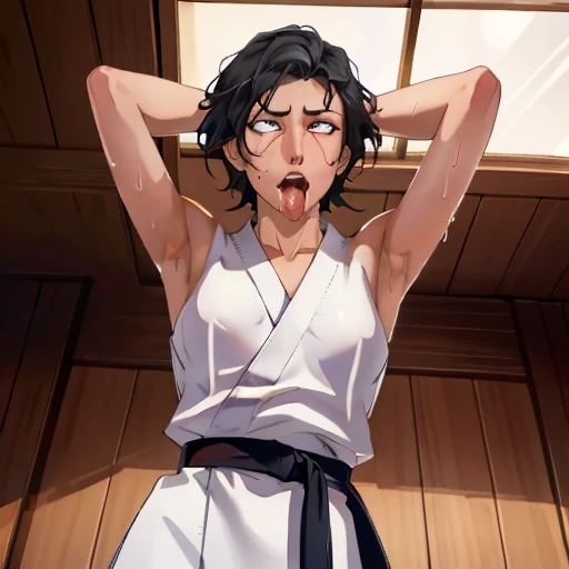((((masterpiece, best quality, high resolution)))), Extremely detailed 8K, 1 female, wearing a white Karate gi, (ahegao),white eyes, Small breasts, sash, japanese clothes, No underwear,No eyeballs, Facing the audience, looking at the audience, tired, from below, (Exposed armpit:1.1), ((armpit:1.2)), sexy, Sweating, More and more sweat,(ahegao), (Roll your eyes), open mouth, Sticking out tongue, saliva, Slobber,Skinny, raise arms, (arms above head:1.5)(Ultra HD, Ultra-detailed, Highly detailed, Highly realistic, Ultra-realistic, photograph realistic), (1girl:1.5), (Realistic black hair), (dynamic poses), facing at camera, looking at viewer, (slightly serious face), (perky breasts:1.2), (beautiful detailed face, beautiful detailed eyes), ((worn out karate gi)), (preparing for a fight), sweat, glow, (sunbeam, sunlight), ((cowboy shot)), inside a training gym, seductive, EnvyBetterHands LoCon,